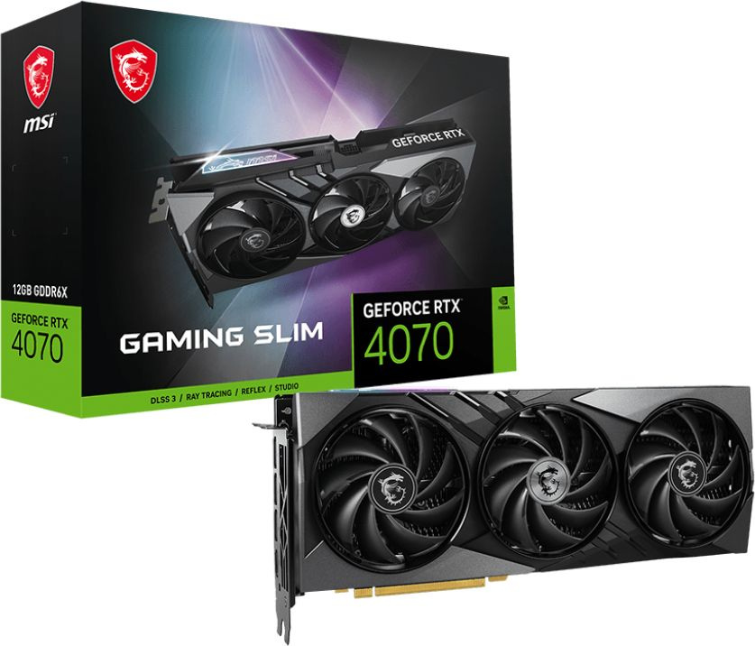 Видеокарта MSI PCI-E 4.0 RTX 4070 GAMING SLIM 12G NVIDIA GeForce RTX 4070 12288Mb 192 GDDR6X 2610/21000 HDMIx1 DPx3 HDCP Ret