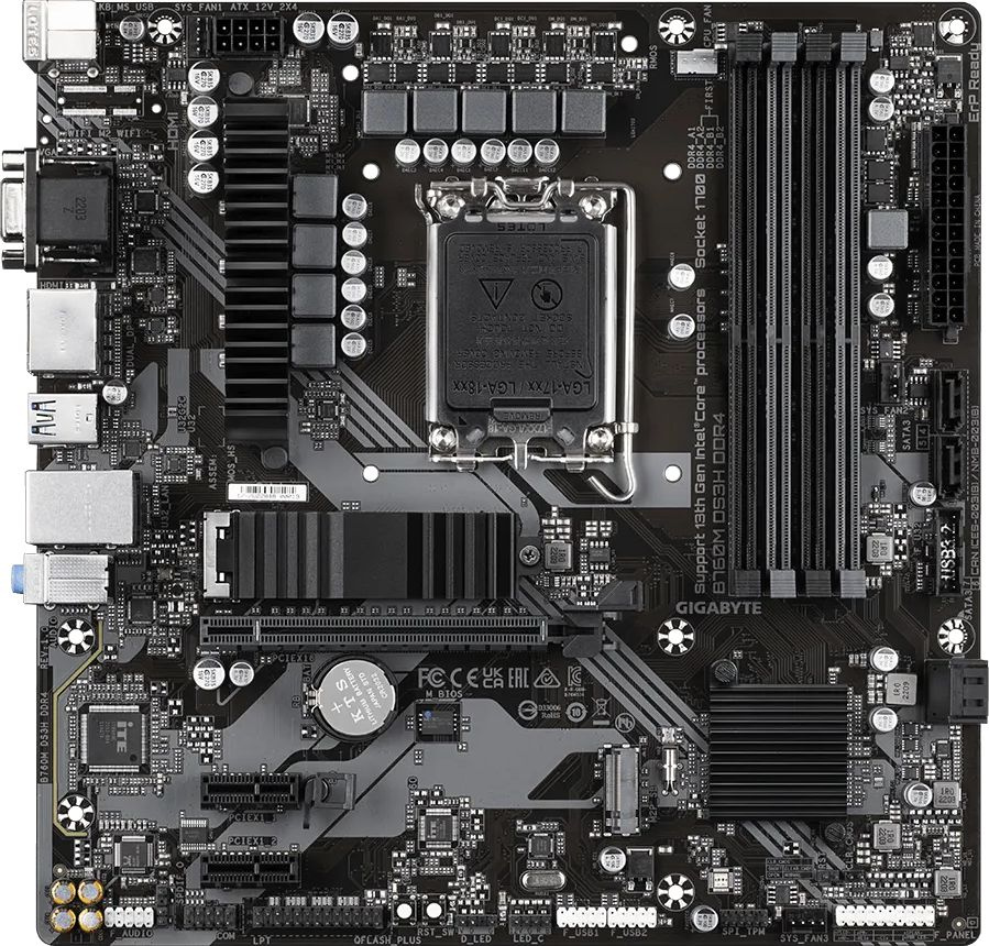 Gigabyte B760M DS3H DDR4 {Socket 1700, Intel®B760, 4xDDR4-3200, D-SUB+HDMI+DP+DP, 1xPCI-Ex16, 2xPCI-Ex1, 4xSATA3(RAID 0/1/5/10), 2xM.2, 8Ch Audio, 2,5GbLan, (2+4)xUSB2.0, (3+2)xUSB3.2, (1+0)xUSB3.2}