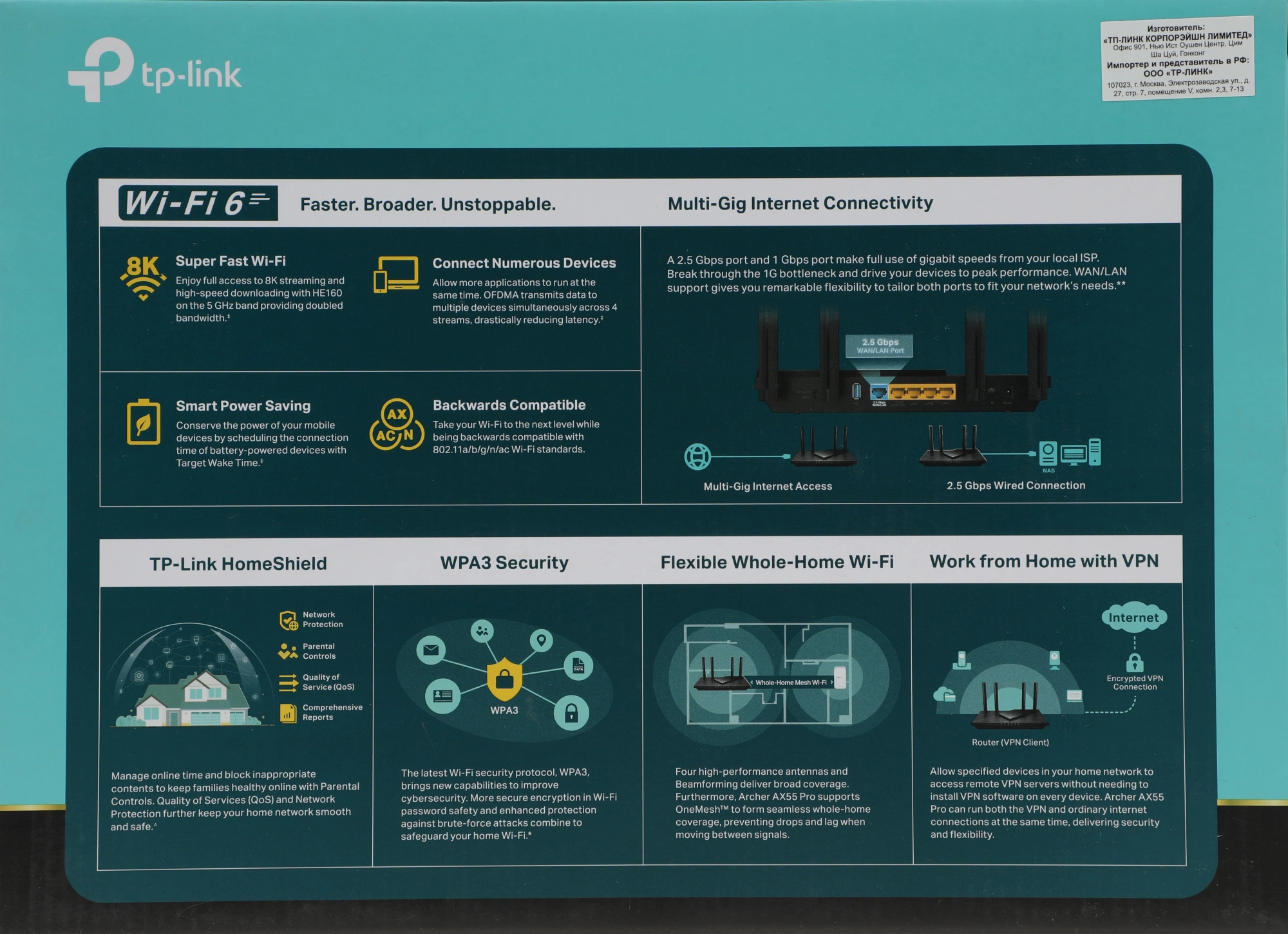 TP-Link Archer AX55 Pro Двухдиапазонный роутер Wi-Fi AX3000 с портом WAN/LAN 2,5 Гбит/с и поддержкой Mesh