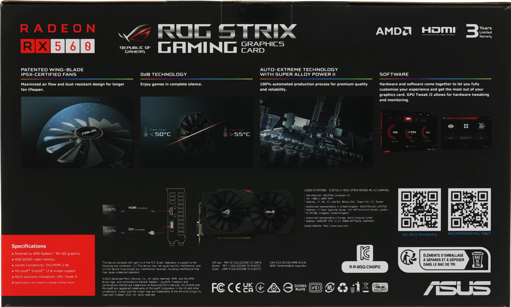 Asus PCI-E ROG-STRIX-RX560-4G-V2-GAMING AMD Radeon RX 560 4096Mb 128 GDDR5 1199/6000 DVIx1 HDMIx1 DPx1 HDCP Ret