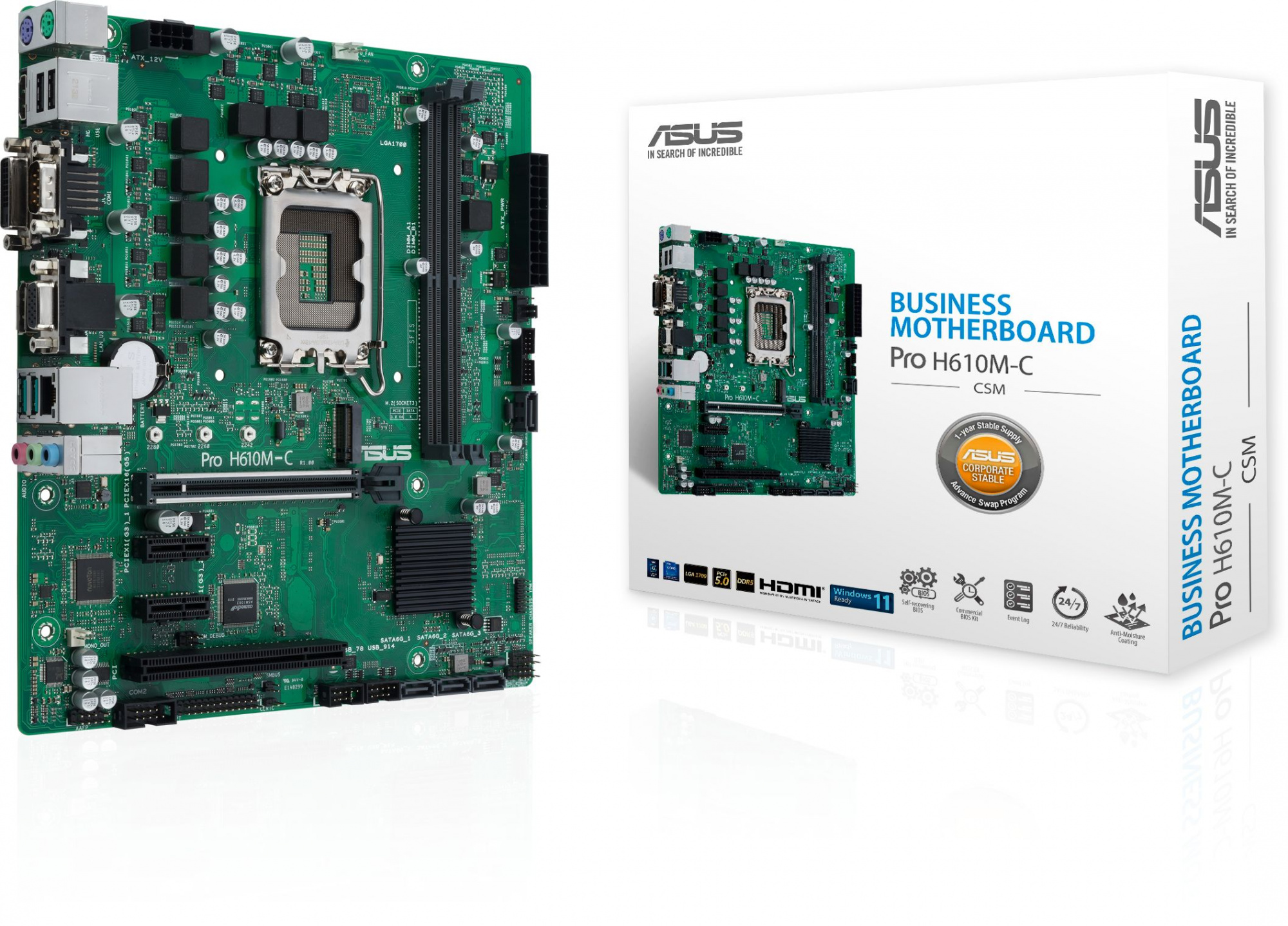 ASUS PRO H610M-C-CSM (Socket 1700, mATX, 2xDDR5(64GB), DP/DVI-D/HDMI, 1xPCIe 5.0x16/2xPCIe 3.0x1, 4xSATA 6Gb/s, 1xM2, 1xLAN, 1xCom, 2xUSB 3.0, 2xUSB 2.0, 2xPS/2)