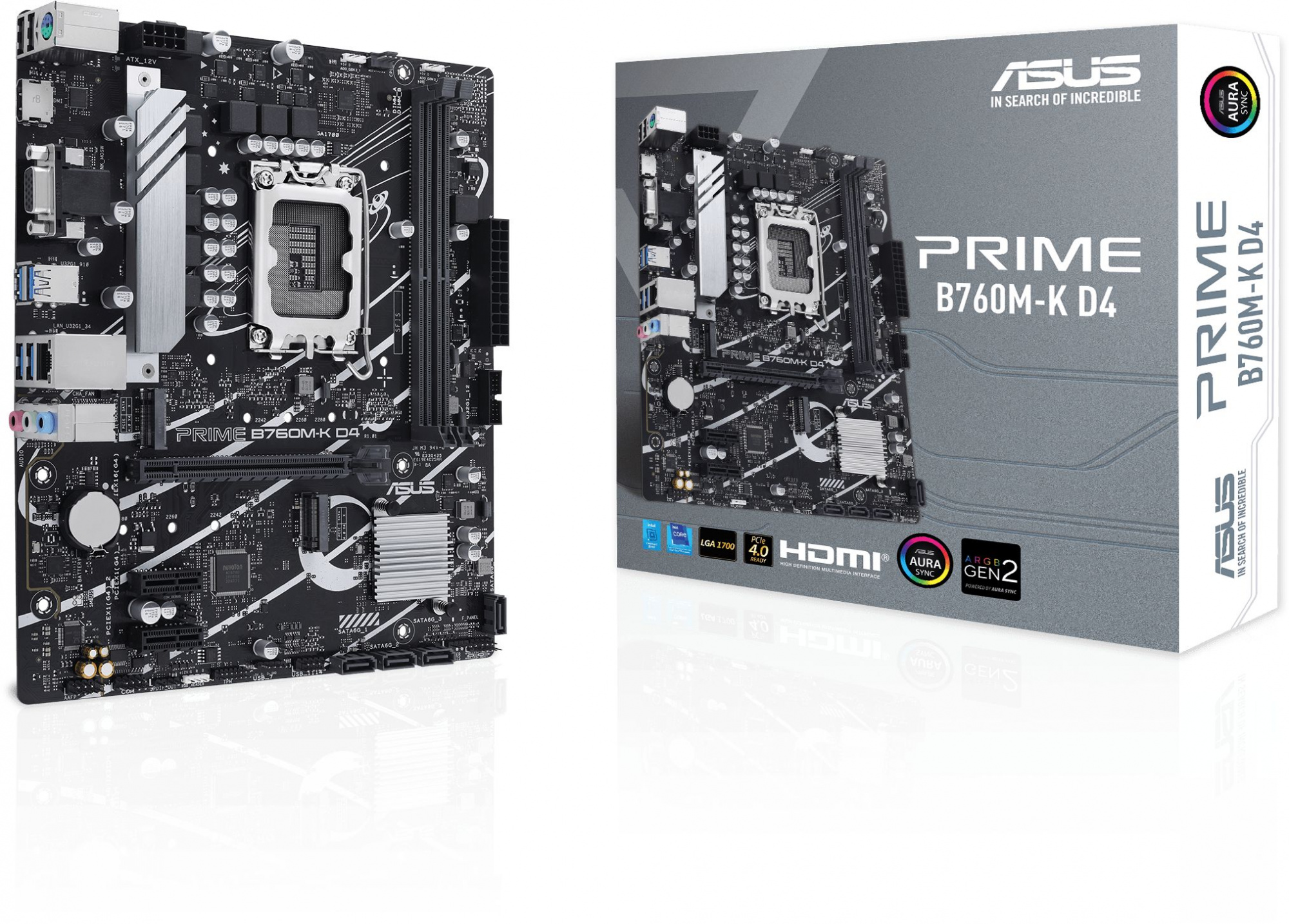 ASUS PRIME B760M-K D4 (Socket 1700, mATX, 2xDDR4(64GB), VGA/HDMI 2.1, 1xPCIe 4.0x16/2xPCIe 4.0, 1xLAN (2.5GbE), 4xSATA 6Gb/s, 2xM.2, 4xUSB 3.2, 2xUSB 2.0, 1xPS/2)