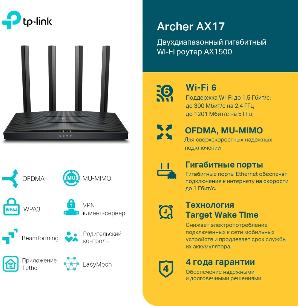 TP-Link Archer AX17 Двухдиапазонный гигабитный Wi-Fi роутер AX1500 с поддержкой Mesh