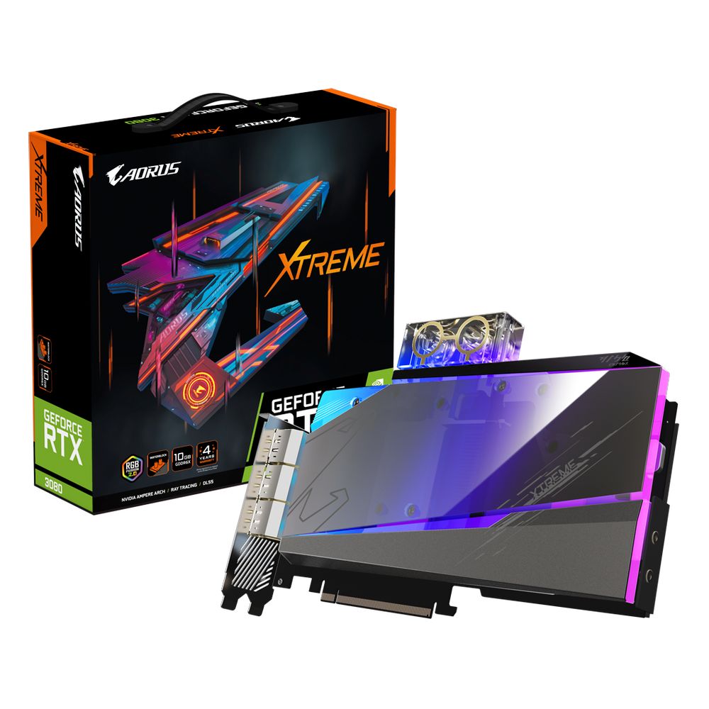 Видеокарта Gigabyte PCI-E 4.0 GV-N3080AORUSX WB-10GD 2.0 LHR NVIDIA GeForce RTX 3080 10240Mb 320 GDDR6X 1845/19000 HDMIx3 DPx3 HDCP Ret