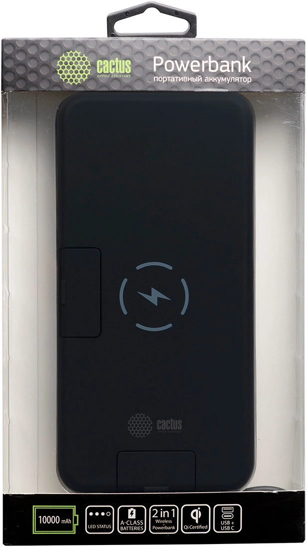 Мобильный аккумулятор Cactus CS-PBFSQT-10000 Li-Pol 10000mAh 3A+3A черный 1xUSB беспроводная зарядка Мобильный аккумулятор Cactus CS-PBFSQT-10000 Li-Pol 10000mAh 3A+3A черный 1xUSB беспроводная зарядка