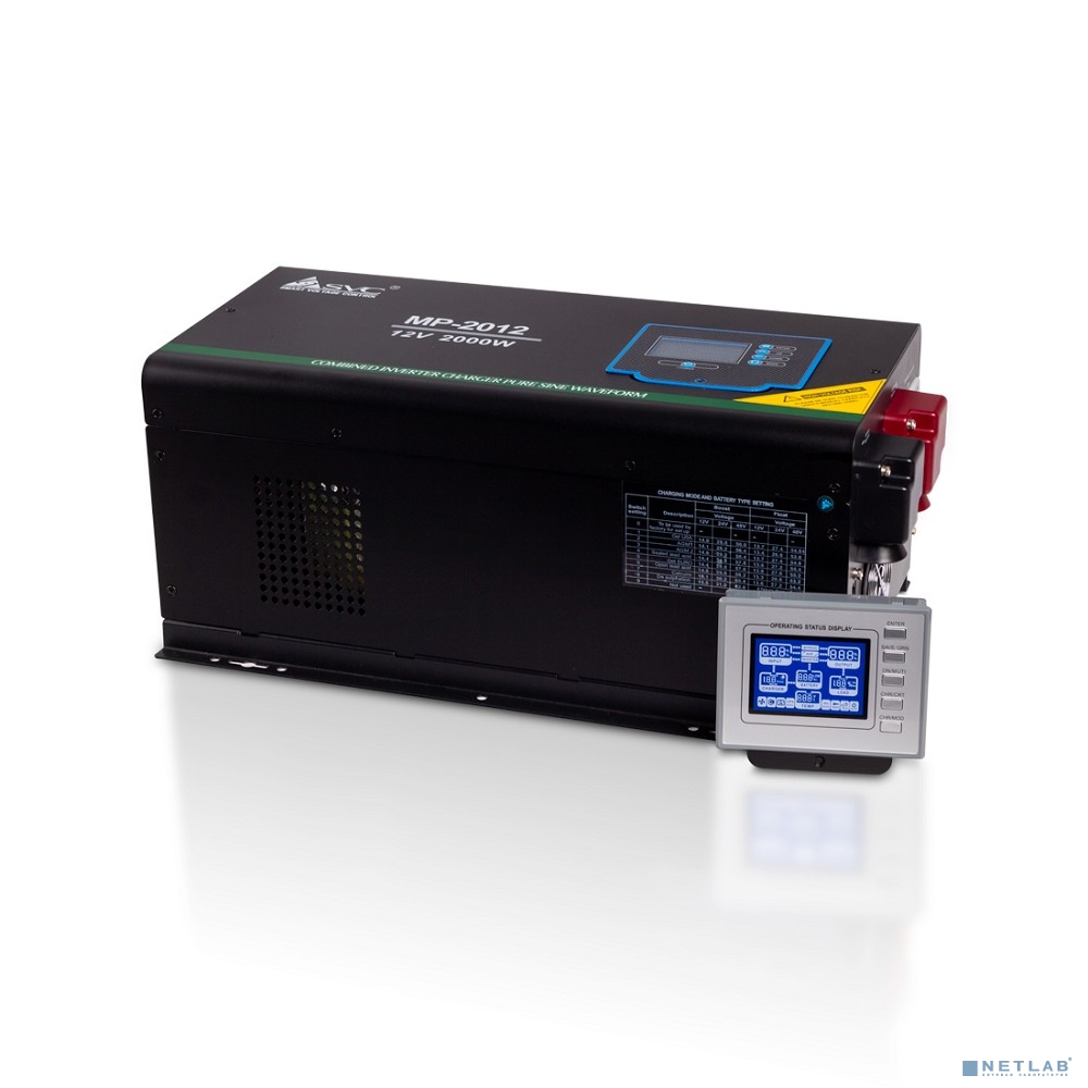 SVC Инвертор MP-2012 2кВА/2кВт, Вход:12/230В, AVR в реж. ИБП: 180-265В±4%, AVR в реж. инвертора:160-265В±4%, Вых.:220В±10%, 50±0.3Гц, Чистая синусоида, Внешние АКБ(не входят в комплект),LCD-дисплей