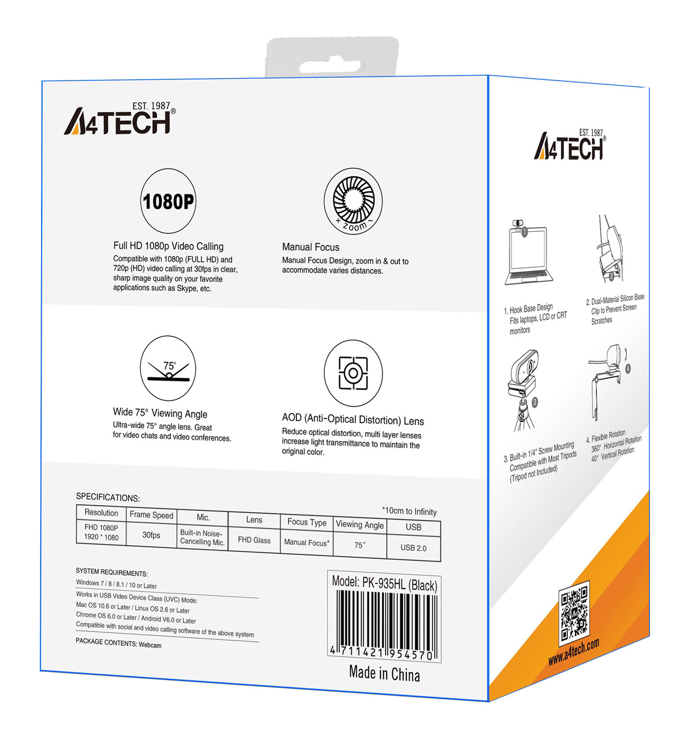 Web-камера A4Tech PK-935HL {черный, 2Mpix, 1920x1080, USB2.0, с микрофоном} [1407220]