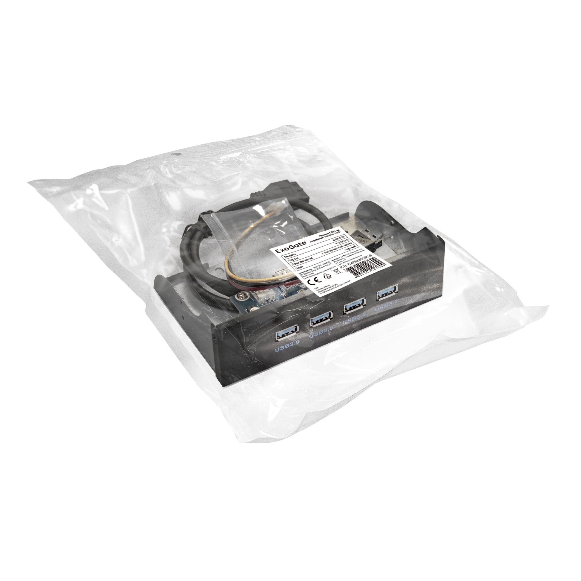Exegate EX289290RUS Планка USB на переднюю панель ExeGate U5H-625, 5,25&quot;, 4*USB3.0, черная, металл, подсоед. к MB