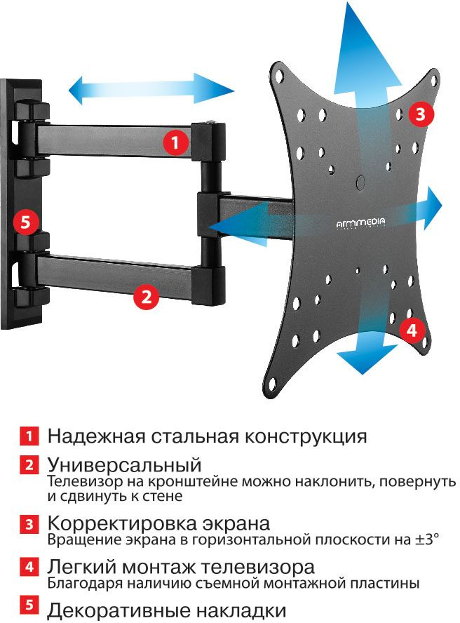 Arm Media MARS-04 черный 20"-43" макс.20кг настенный поворот и наклон