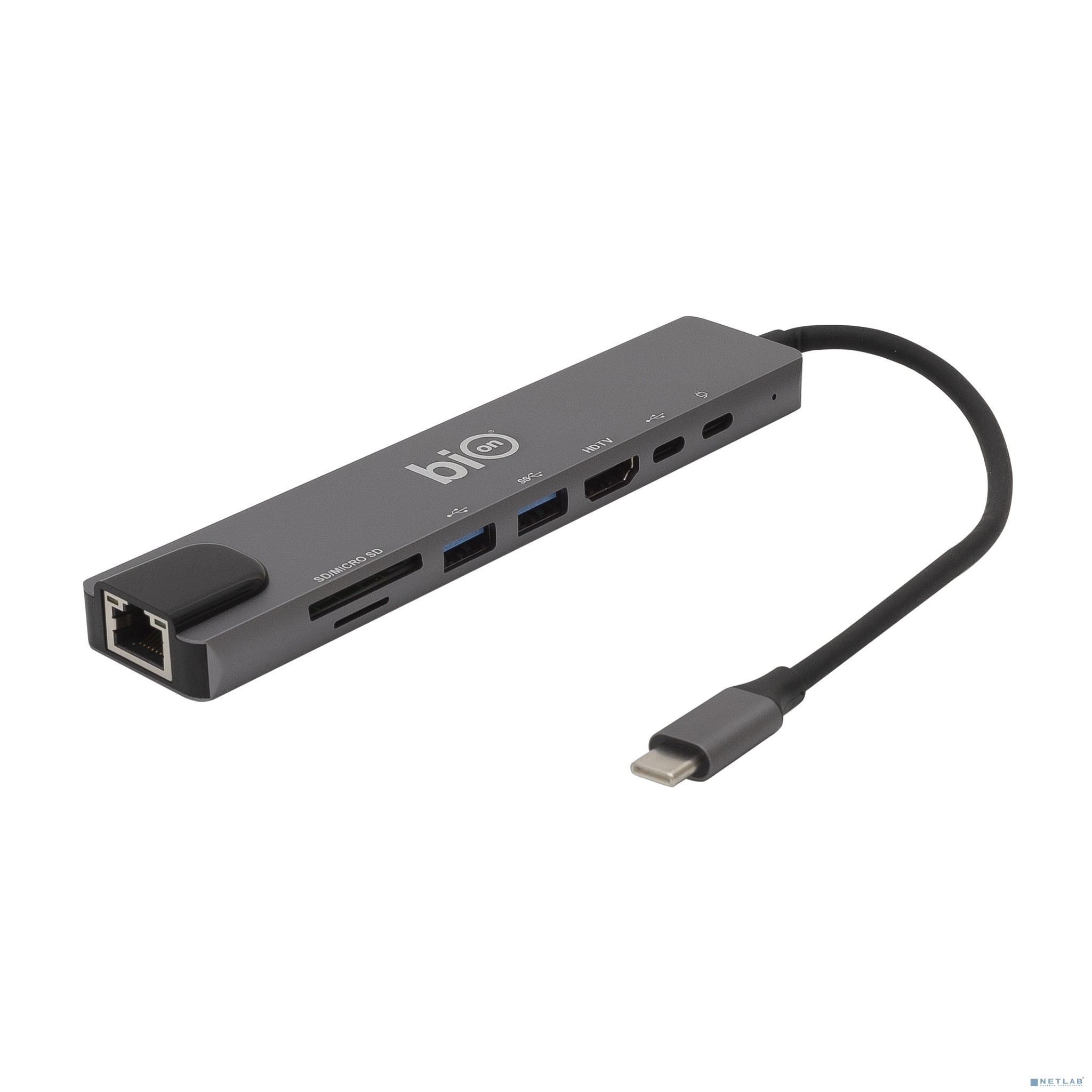 Bion Мульти переходник USB Type-C - 2*USB Type-C/2*USB-A 3.0/HDMI/SD/TF/RJ-45 100мб/с, 100W, длина кабеля 20см [BXP-A-USBC-MULTI-01]