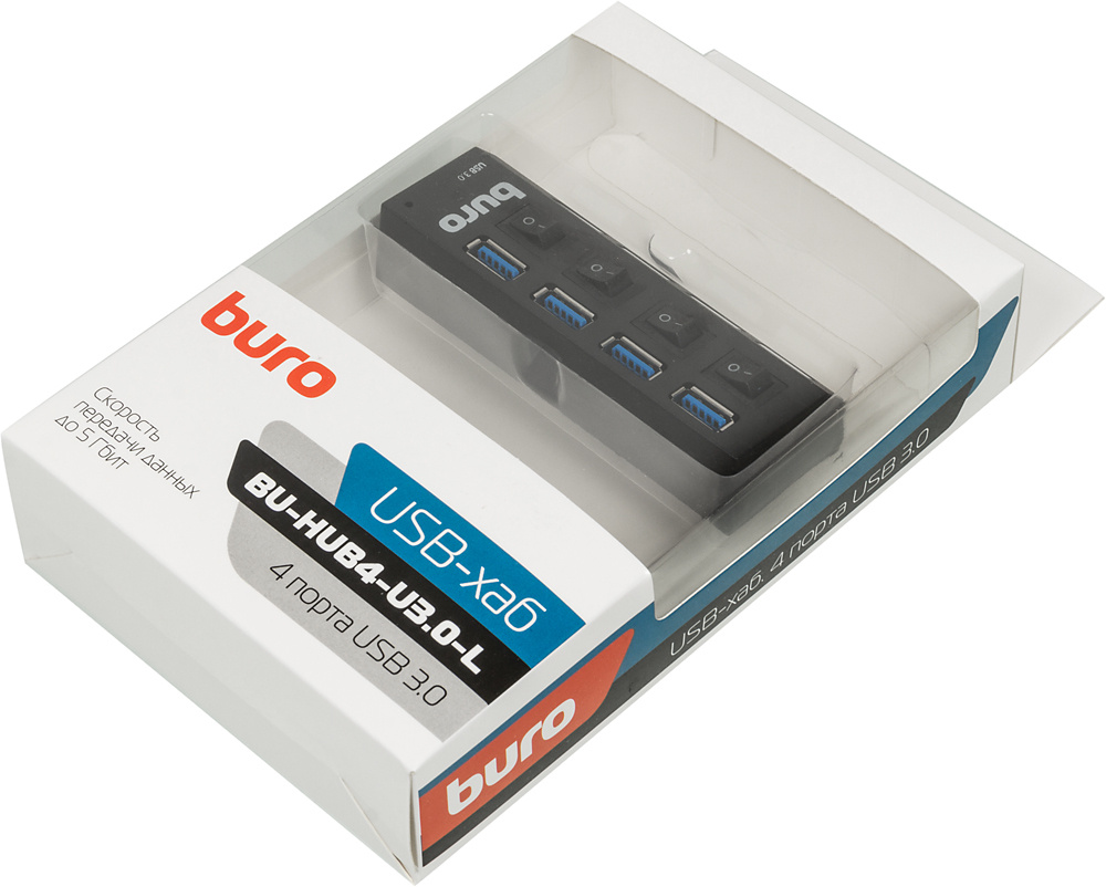 Buro BU-HUB4-U3.0-L Разветвитель USB 3.0 4порт. черный (389737)