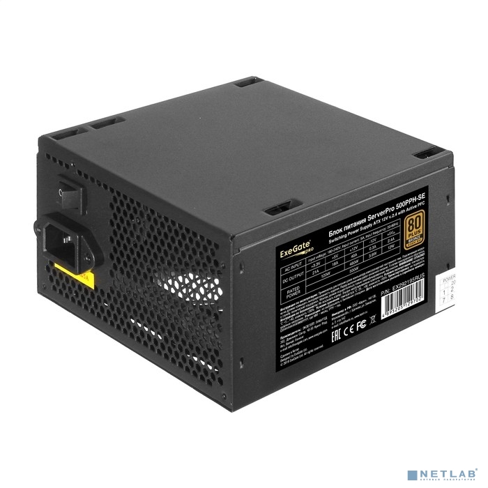 Exegate EX292195RUS Серверный БП 500W ExeGate ServerPRO 80 PLUS® Bronze 500PPH-SE (ATX, for 3U+ cases, APFC, КПД 89% (80 PLUS Bronze), 12cm fan, 24p, (4+4)p, PCIe, 5SATA, 3IDE, black)