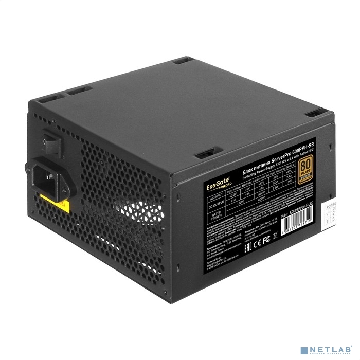 Exegate EX292204RUS Серверный БП 600W ExeGate ServerPRO 80 PLUS® Bronze 600PPH-SE (ATX, for 3U+ cases, APFC, КПД 85% (80 PLUS Bronze), 12cm fan, 24p, (4+4)p, PCIe, 5SATA, 3IDE, black)