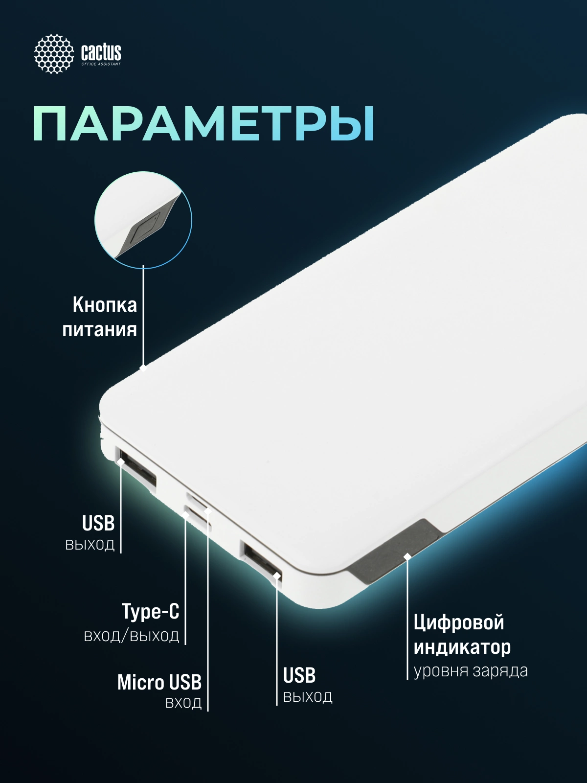Мобильный аккумулятор Cactus CS-PBFSKT-10000 10000mAh 2.1A 2xUSB белый Мобильный аккумулятор Cactus CS-PBFSKT-10000 10000mAh 2.1A 2xUSB белый