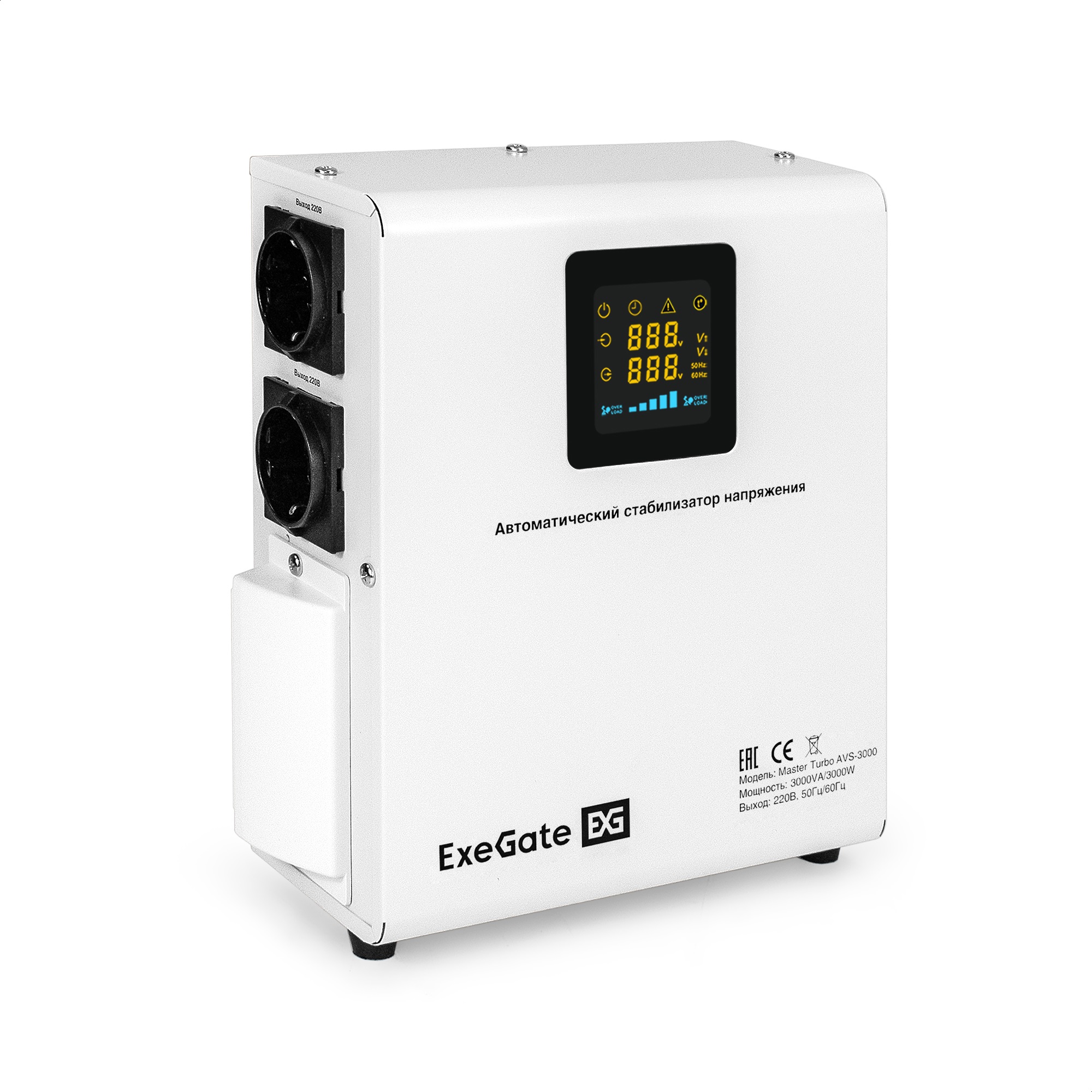 Exegate EX291748RUS Стабилизатор напряжения ExeGate Master Turbo AVS-3000 (3000ВА, 100-265В, цифр. индикация вход/вых. напряжения, 220В±8%, КПД 98%, 5 уровней защиты, задержка, усиленный метал.корпус, Exegate EX291748RUS Стабилизатор напряжения ExeGate Master Turbo AVS-3000 (3000ВА, 100-265В, цифр. индикация вход/вых. напряжения, 220В±8%, КПД 98%, 5 уровней защиты, задержка, усиленный метал.корпус,