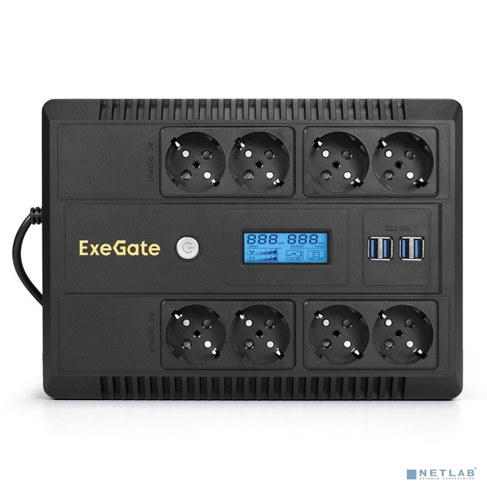 Exegate EX293858RUS ИБП ExeGate NEO Smart LHB-1000.LCD.AVR.8SH.CH.USB &lt;1000VA/650W, LCD, AVR, 8*Schuko, USB, 4*USB-порта для зарядки, Black&gt;