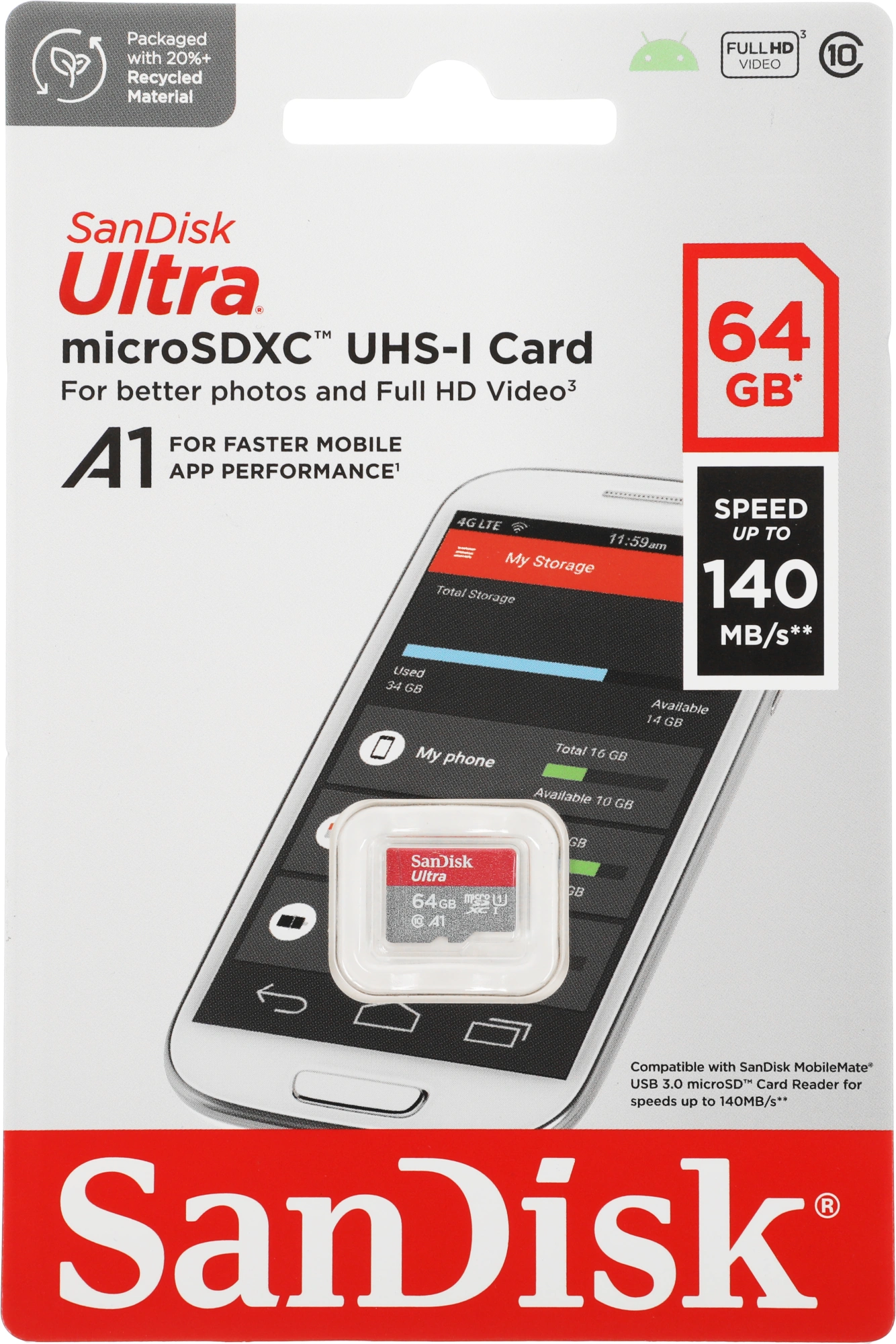 Micro SecureDigital 64GB SanDisk Ultra Class 10, UHS-I, R 140 МБ/с, <SDSQUAB-064G-GN6MN> без адаптера SD Micro SecureDigital 64GB SanDisk Ultra Class 10, UHS-I, R 140 МБ/с, <SDSQUAB-064G-GN6MN> без адаптера SD
