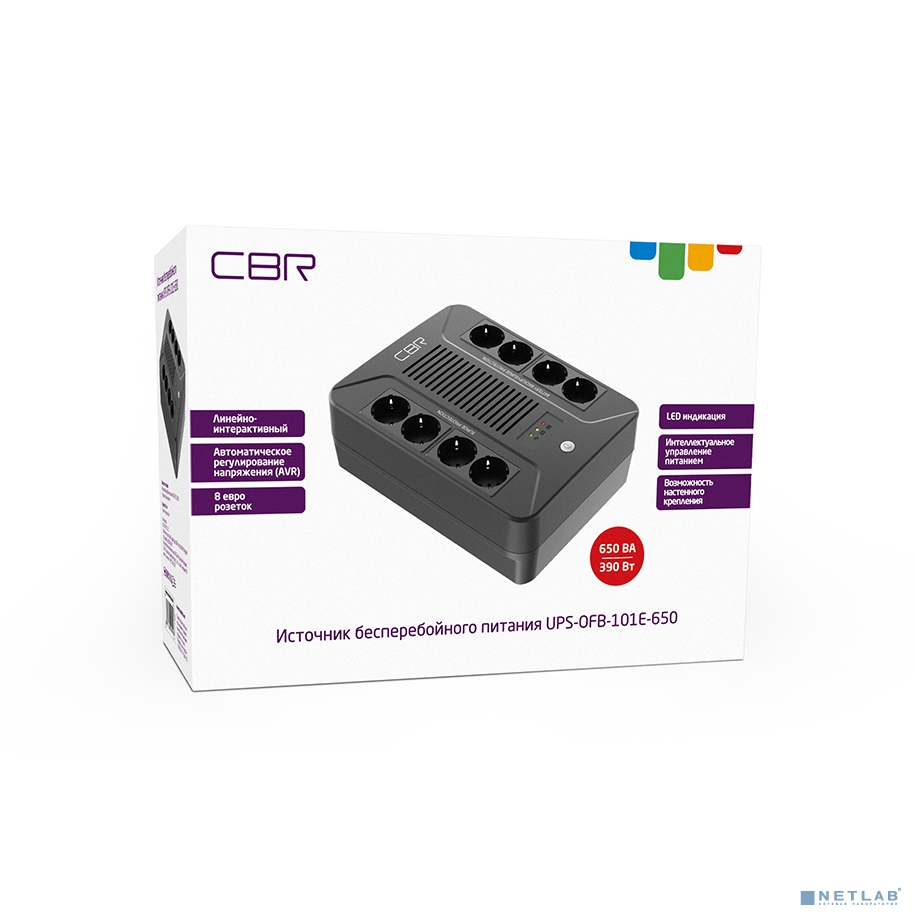 ИБП CBR [UPS-OFB-101E-650] 650VA/390W, Schuko CEE 7 Outlets: (x4 Battery &amp; Surge Protected; x4 Surge Protected), LED, AVR, SEC, 12V/7Ah