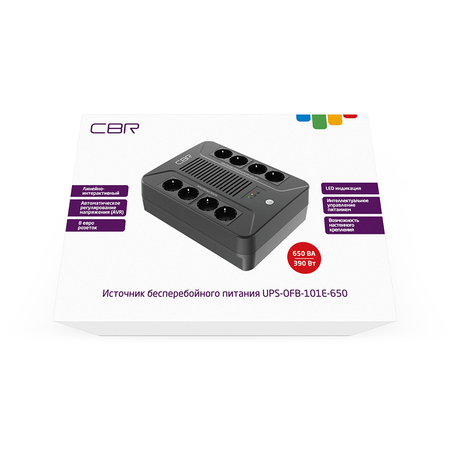ИБП CBR [UPS-OFB-101E-650] 650VA/390W, Schuko CEE 7 Outlets: (x4 Battery &amp; Surge Protected; x4 Surge Protected), LED, AVR, SEC, 12V/7Ah