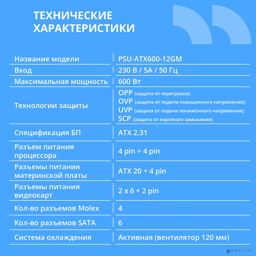 Блок питания CBR ATX 600W 80+ Bronze, DC-DC, APFC, 0.6mm, 24pin, 1*8-pin(4+4P), 2*6+2pin, 6*SATA, 4*IDE, 12cm fan, 1.5м кабель питания, черный [PSU-ATX600-12GM] BOX