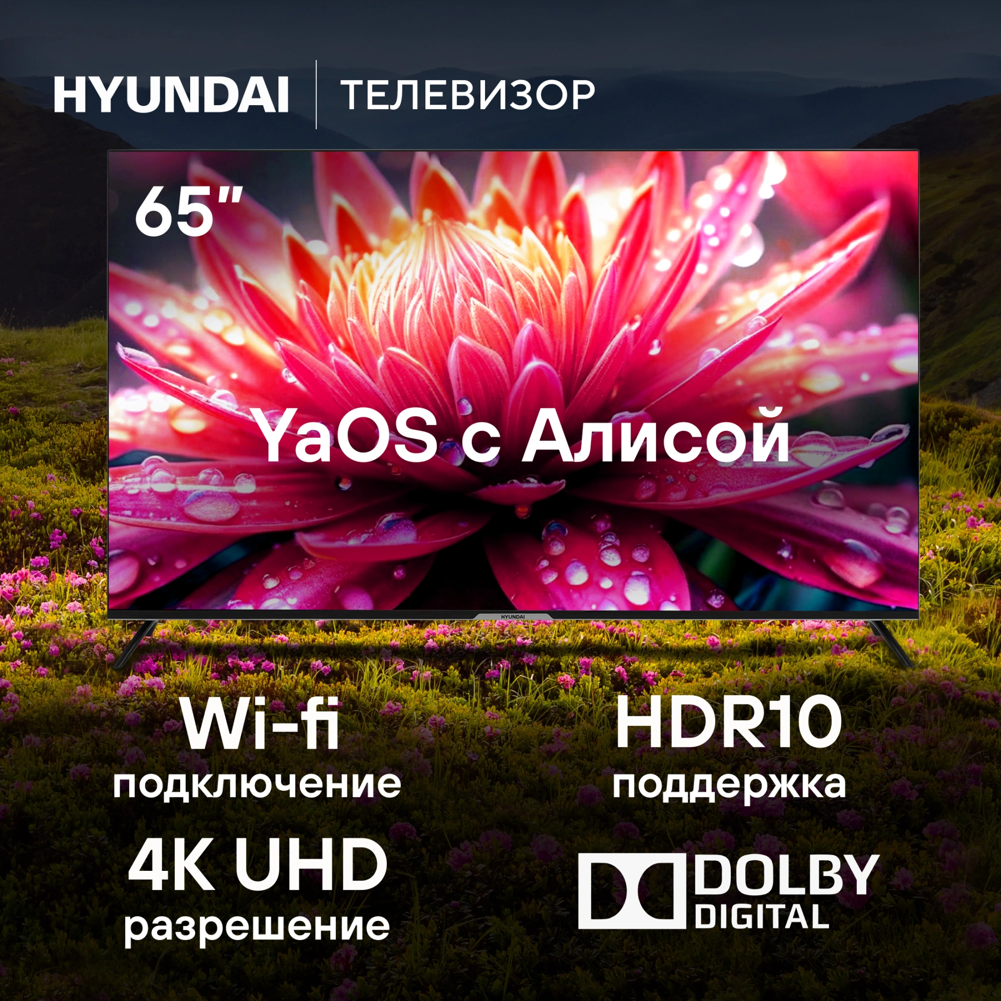 Hyundai 65" H-LED65BU7003 Яндекс.ТВ Frameless черный 4K Ultra HD 60Hz DVB-T DVB-T2 DVB-C DVB-S DVB-S2 USB WiFi Smart TV