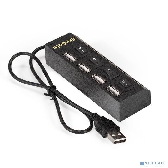 Exegate EX293977RUS USB-Хаб (концентратор) ExeGate DUB-42SW (кабель-адаптер USB2.0 --&gt; 4xUSB2.0, кнопки включения/отключения для каждого порта, Plug&amp;Play, черный)