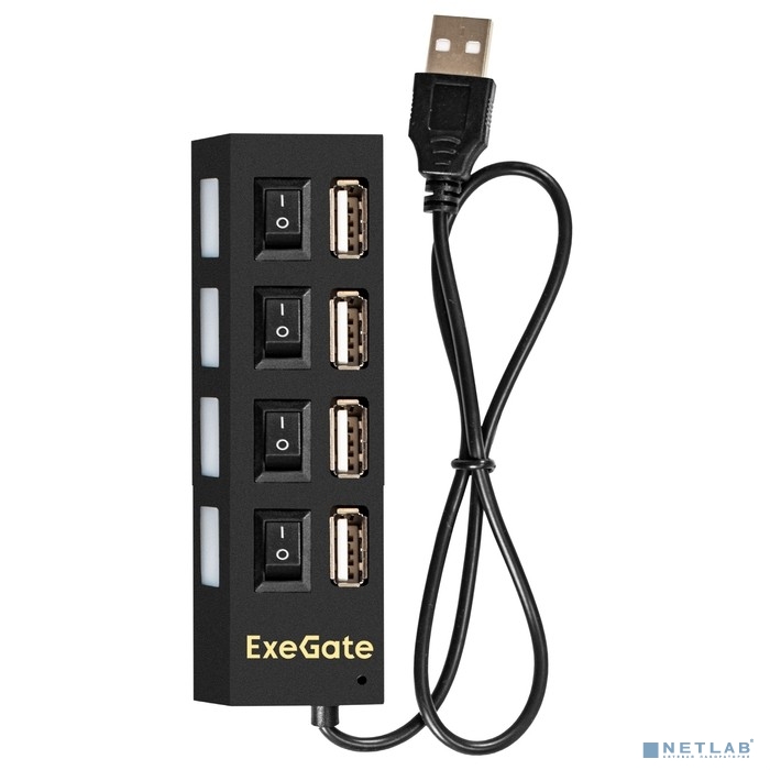 Exegate EX293977RUS USB-Хаб (концентратор) ExeGate DUB-42SW (кабель-адаптер USB2.0 --&gt; 4xUSB2.0, кнопки включения/отключения для каждого порта, Plug&amp;Play, черный)