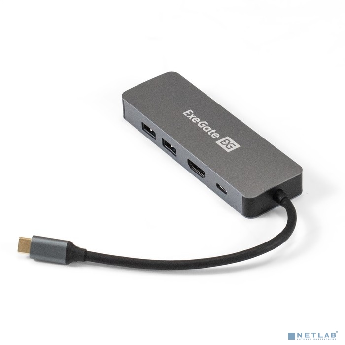 Exegate EX293982RUS Док-станция ExeGate DUB-21C/PD/HL (кабель-адаптер USB Type-C --&gt; 2xUSB3.0 + PD 100W + HDMI 4K@60Hz + Lan RJ45 10/100/1000Mb, Plug&amp;Play, серая)