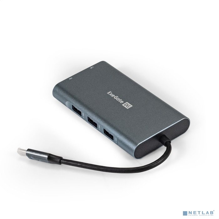 Exegate EX293985RUS Док-станция ExeGate DUB-31C/MAX (кабель-адаптер USB Type-C --&gt; 3xUSB3.0 + Card Reader + PD 100W + HDMI 4K@30Hz + VGA + Audio + Lan RJ45 10/100/1000Mb, Plug&amp;Play, серый)