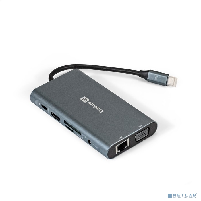 Exegate EX293985RUS Док-станция ExeGate DUB-31C/MAX (кабель-адаптер USB Type-C --&gt; 3xUSB3.0 + Card Reader + PD 100W + HDMI 4K@30Hz + VGA + Audio + Lan RJ45 10/100/1000Mb, Plug&amp;Play, серый)