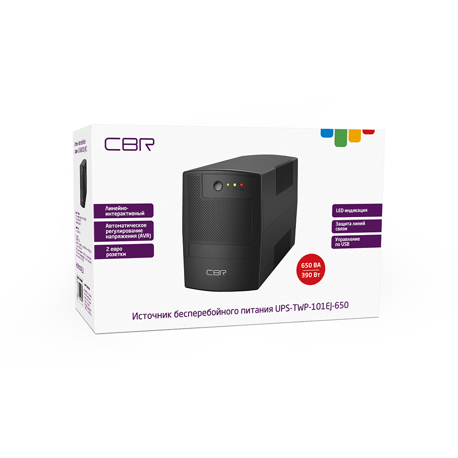 ИБП CBR [UPS-TWP-101EJ-650] 650VA/390W, Schuko CEE 7 x2 outlets, LED, USB Type-B, RJ11/45 AVR, SEC, 12V/7Ah