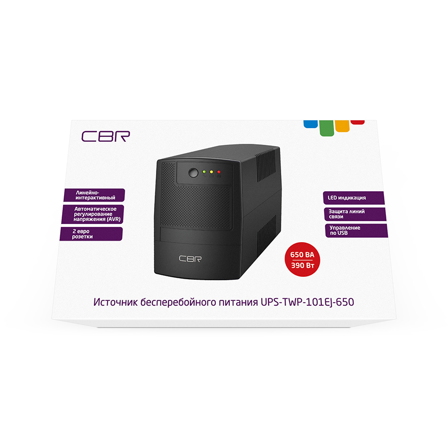 ИБП CBR [UPS-TWP-101EJ-650] 650VA/390W, Schuko CEE 7 x2 outlets, LED, USB Type-B, RJ11/45 AVR, SEC, 12V/7Ah