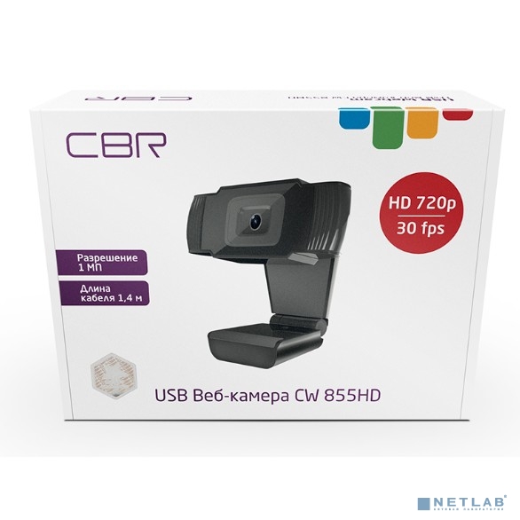 CBR CW 855HD Black, Веб-камера с матрицей 1 МП, разрешение видео 1280х720, USB 2.0, встроенный микрофон с шумоподавлением, фикс.фокус, крепление на мониторе, длина кабеля 1,4 м, цвет чёрный