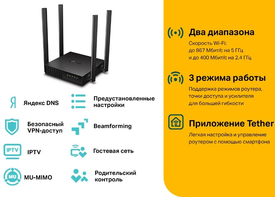 TP-Link Archer A64 Двухдиапазонный гигабитный роутер Wi-Fi AC1300 с поддержкой Mesh и MU-MIMO