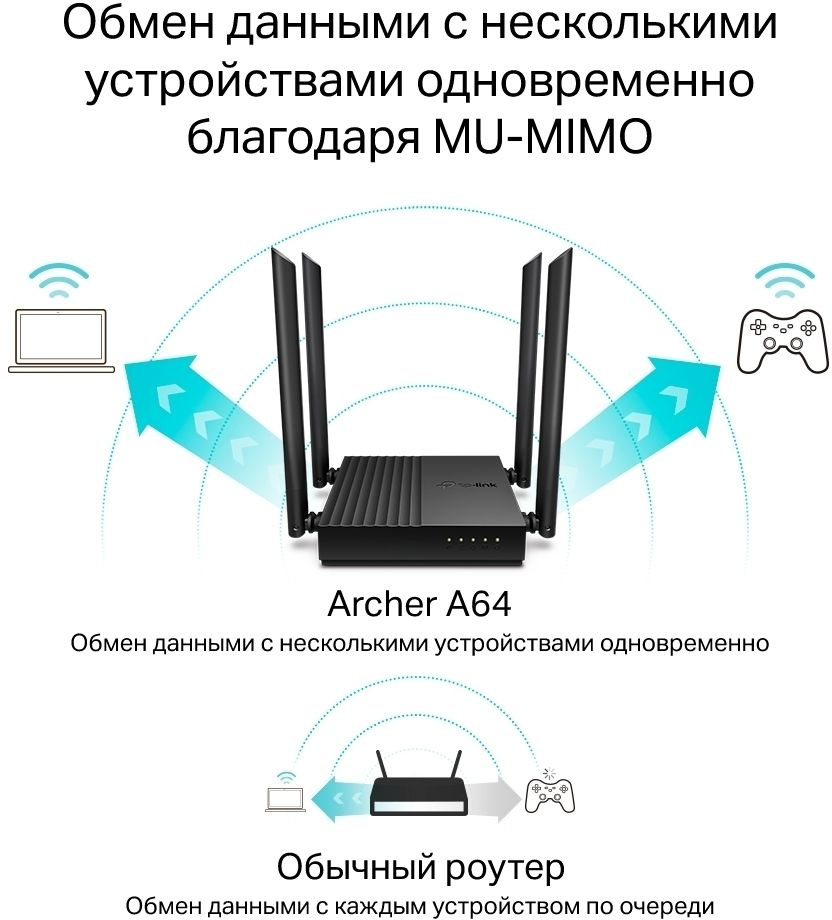 TP-Link Archer A64 Двухдиапазонный гигабитный роутер Wi-Fi AC1300 с поддержкой Mesh и MU-MIMO