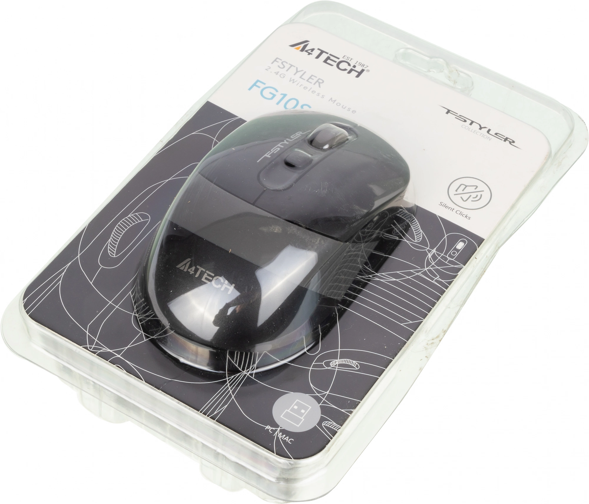 A-4Tech Мышь Fstyler FG10S черный/серый оптическая (2000dpi) беспроводная USB [1204030]