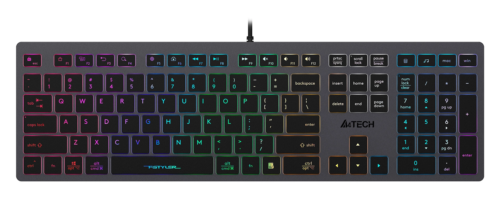 Клавиатура A4Tech Fstyler FX60 серый USB slim LED (FX60 GREY / NEON) Клавиатура A4Tech Fstyler FX60 серый USB slim LED (FX60 GREY / NEON)