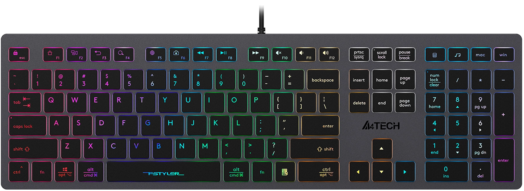 Клавиатура A4Tech Fstyler FX60H серый USB slim LED (FX60H GREY/NEON) [FX60H GREY/NEON]