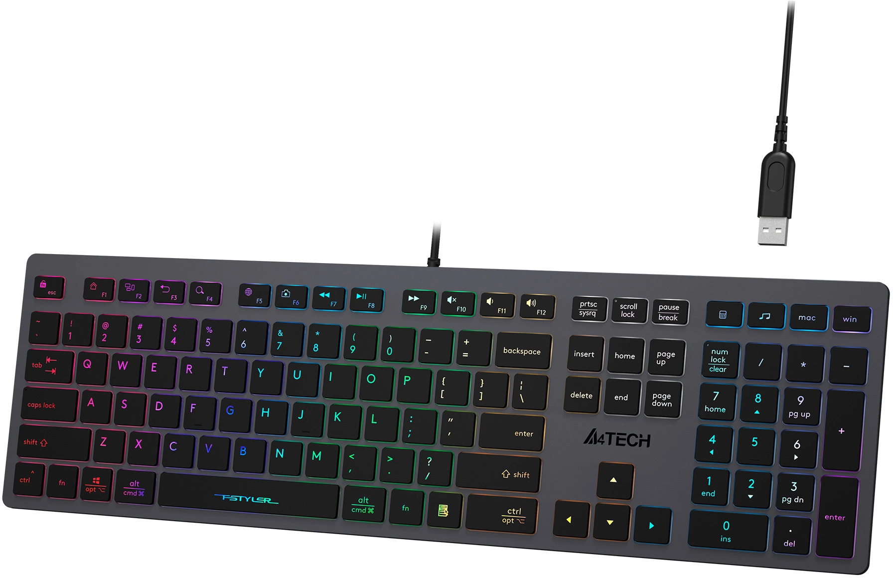 Клавиатура A4Tech Fstyler FX60H серый USB slim LED (FX60H GREY/NEON) [FX60H GREY/NEON]