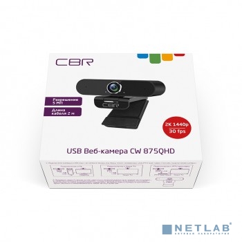 CBR CW 875QHD Black, Веб-камера с матрицей 5 МП, разрешение видео 2560х1440, USB 2.0, встроенный микрофон с шумоподавлением, автофокус, крепление на мониторе, длина кабеля 2 м, цвет чёрный