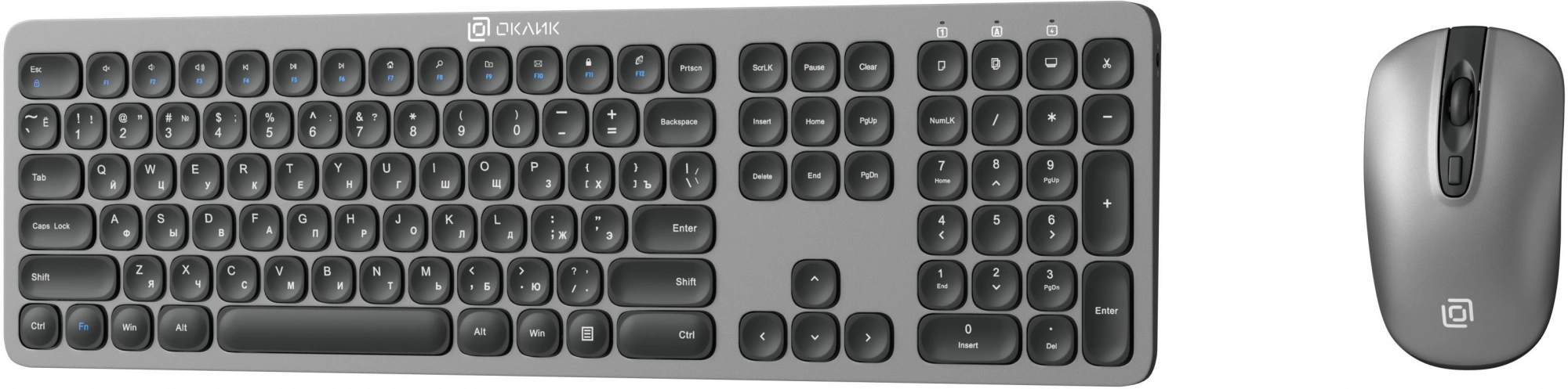 Клавиатура + мышь Oklick 300M клав:серый мышь:серый/черный USB беспроводная slim [1488402]