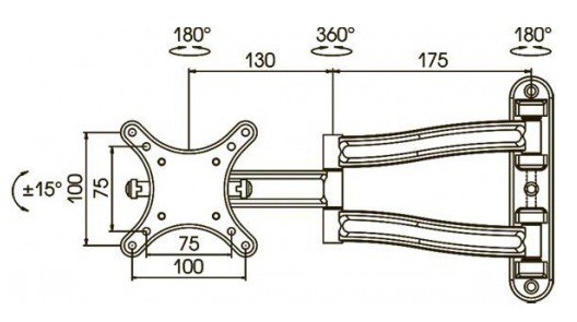 Kromax TECHNO-1 grey, Кр. алюм. наст. для TV 10"-26", max 15 кг, 4 ст св., нак. 30°, пов. 180°, от ст. 45-365 мм, max VESA 100x100 мм.