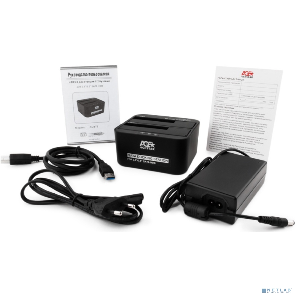 AgeStar 3UBT6-6G Докстанция 2x2.5&quot;/3.5&quot; SATA HDD/SSD AgeStar 3UBT6-6G, USB3.0, пластик, черный, UASP