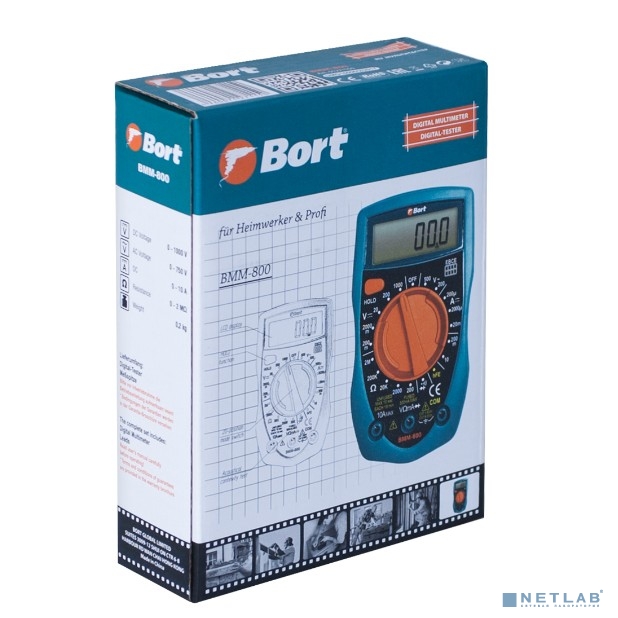 Bort BMM-800 Мультиметр [91271150] { Диапазон постоянного напряжения 0-1000 тип, диапазон  постоянного тока 0-10 тип, диапазон  переменного напряжения 0-750 тип, 0.15 кг, батарея 9V }