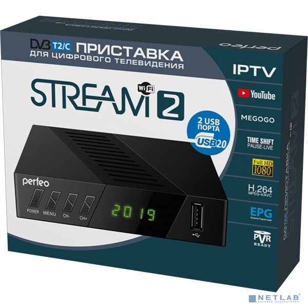 Perfeo DVB-T2/C приставка &quot;STREAM-2&quot; для  цифр.TV, Wi-Fi, IPTV, HDMI, 2 USB, DolbyDigital, пульт ДУ [PF_A4488 ]