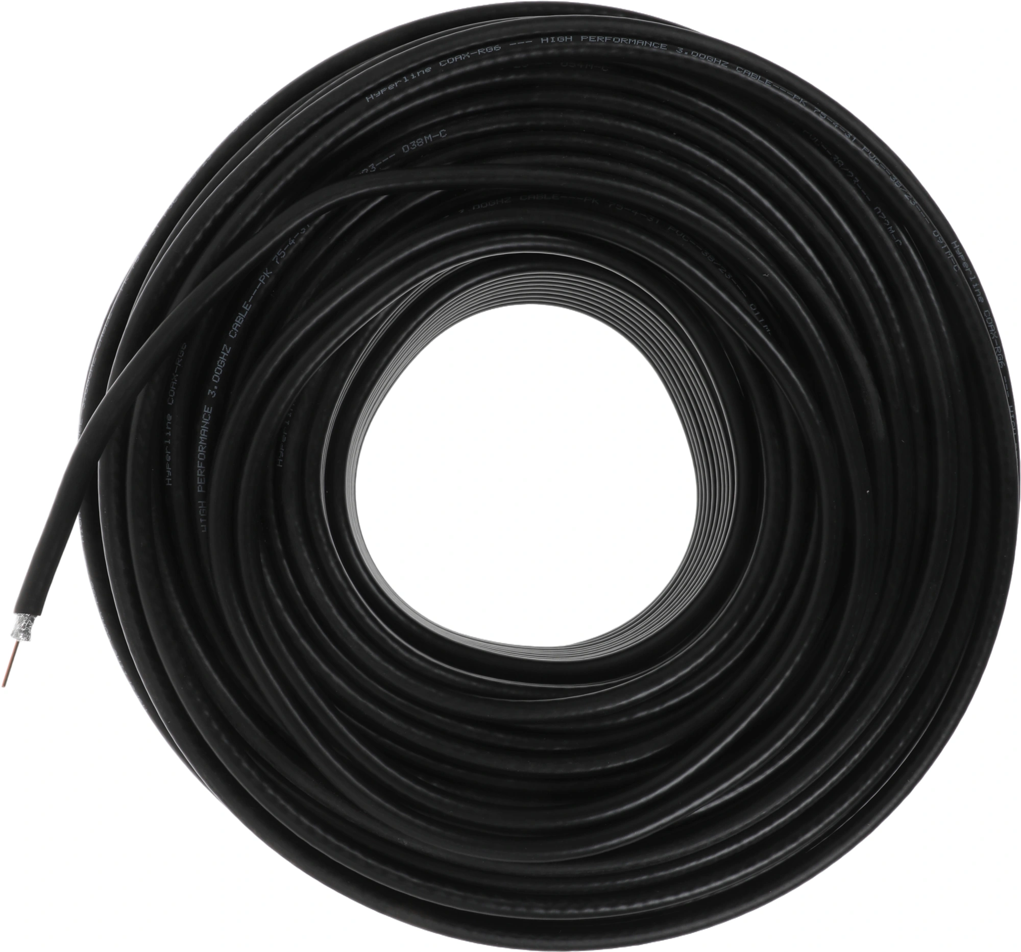 Hyperline COAX-RG6-100 кабель коаксиальный RG-6, 75 Ом (ТВ, SAT, CATV), жила - 18 AWG (1.02 mm, омедненная сталь), общий диаметр 6.9мм, PVC, черный (бухта 100 м)