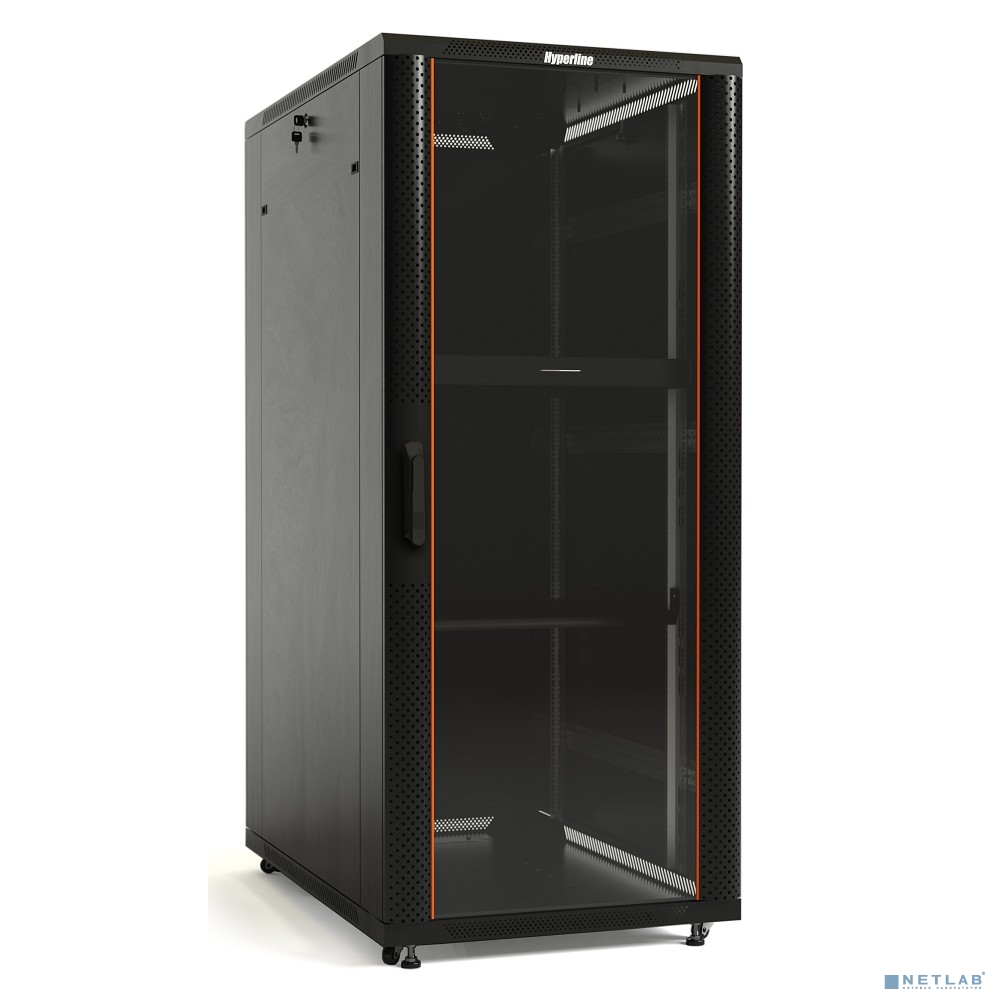 Hyperline TTB-3768-AS-RAL9004 шкаф напольный 19-дюймовый, 37U, 1833х600х800 мм (ВхШхГ), передняя стеклянная дверь со стальными перфорированными боковинами, задняя дверь сплошная, ручка с замком, крыша