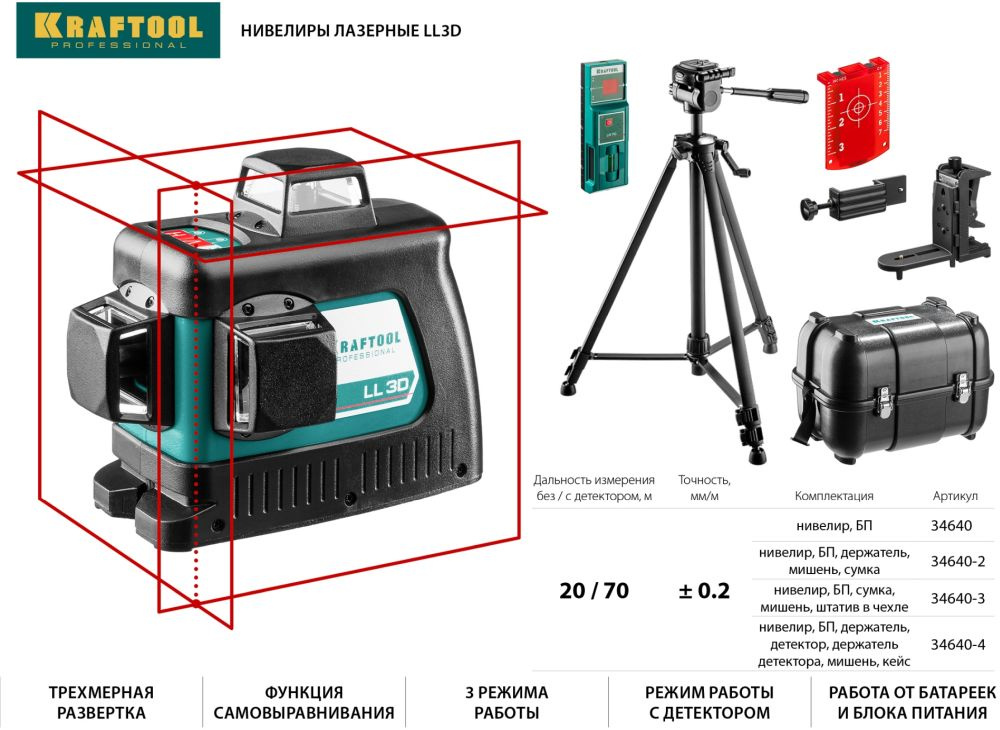 KRAFTOOL LL-3D #2 нивелир лазерный, 3х360° , 20м/70м , IP54, точн. +/-0,2 мм/м, держатель, в коробке (34640-2)