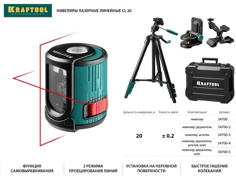 KRAFTOOL CL 20 #5 нивелир лазерный, 20 м, IP54,, точн. +/-0,2 мм/м, держатель, в кейсе (34700-5)