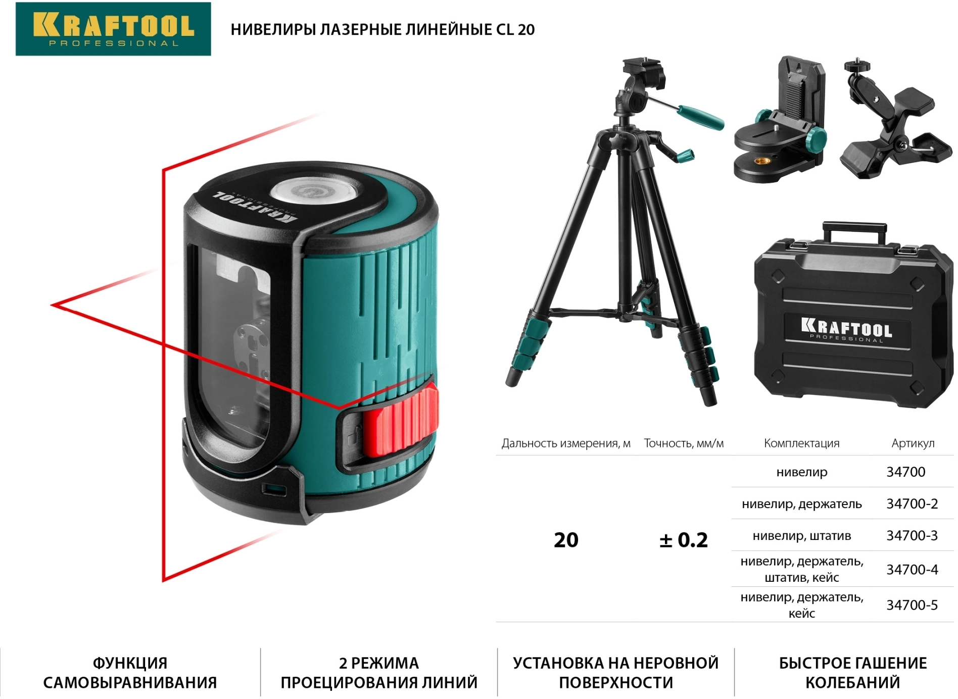 KRAFTOOL CL 20 #5 нивелир лазерный, 20 м, IP54,, точн. +/-0,2 мм/м, держатель, в кейсе (34700-5)